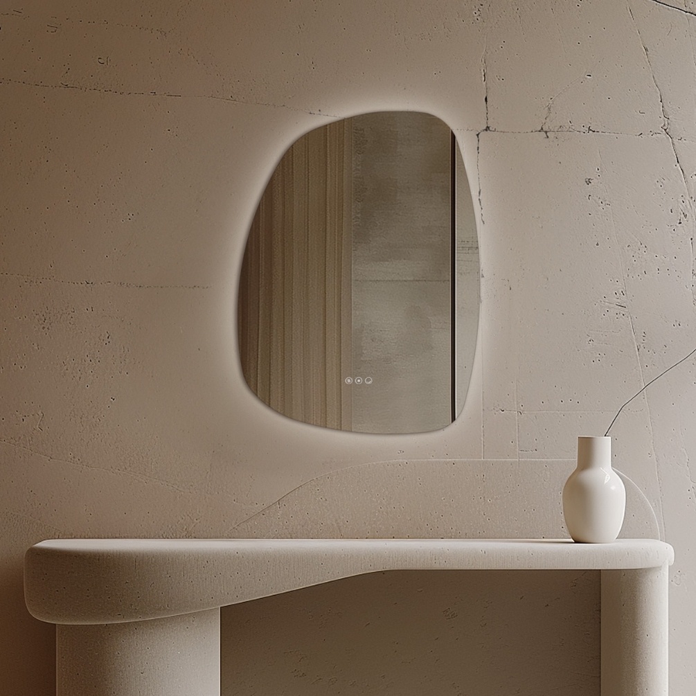 Product Lifestyle Photo of Origins Living Claris 600mm x 800mm Organic Bathroom Mirror hanging in front of a table.